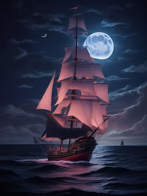 Barco pirata en el océano en el fondo de la luna llena Viejo velero en el mar Barco de expedición Trav