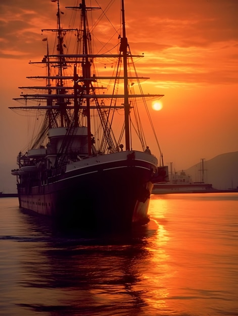 Barco pirata en el océano en el hermoso amanecer cielo naranja fondo diseño de papel tapiz AI generativa