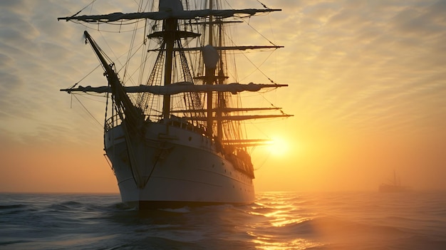 Barco pirata en el océano en el hermoso amanecer cielo naranja fondo diseño de papel tapiz AI generativa