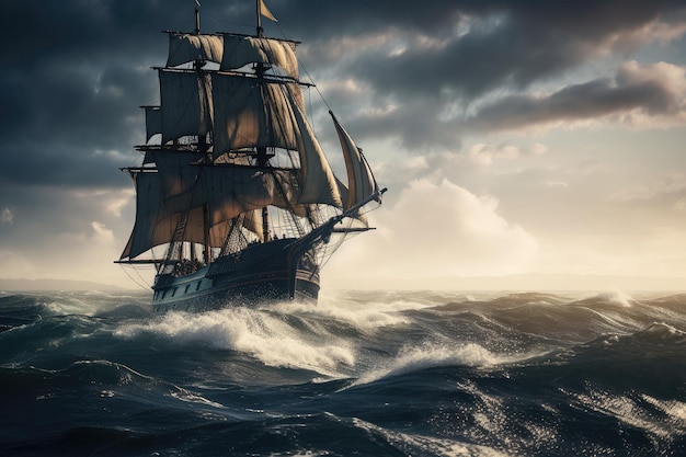 Barco pirata a toda vela con el viento y las olas rompiendo
