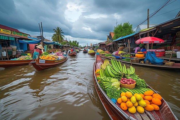 Foto un barco con plátanos y un plátano en él está vendiendo fruta