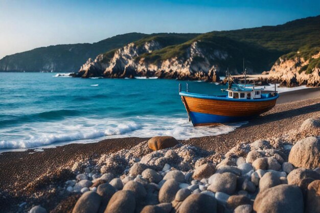 Foto un barco está en la playa y el agua es azul