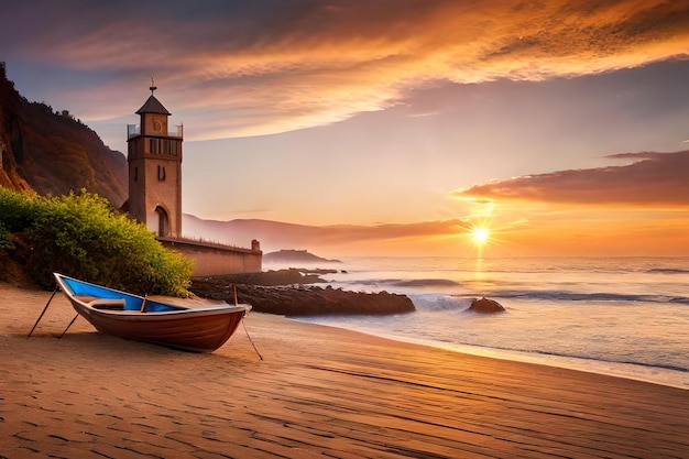 Un barco en la playa al atardecer con un faro al fondo.