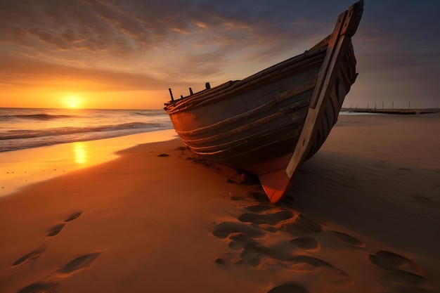 Un barco en la playa al atardecer.