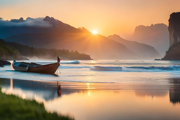 Un barco en la playa al atardecer.