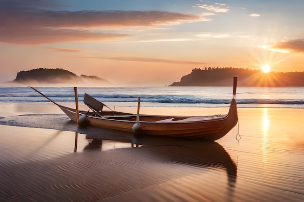 Un barco en la playa al atardecer.