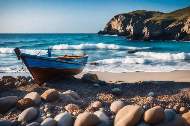 Foto un barco en la playa está en la arena