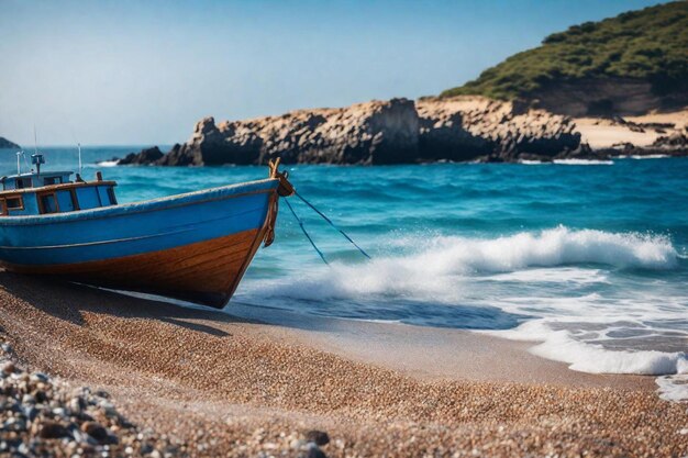 Foto un barco está en la playa y está atado a una cuerda