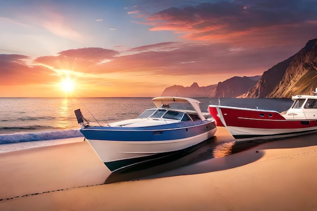 Un barco en la playa con un atardecer de fondo