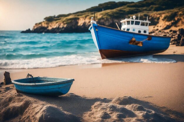 Foto un barco en la playa con un barco en el fondo