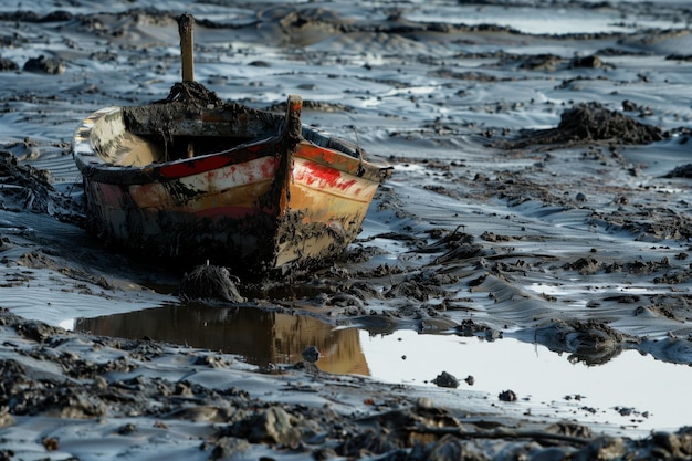 Foto barco en la playa en el barro lodo de petróleo que contamina el mar durante el desastre del derrame de petróleo