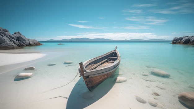 Un barco en una playa con un cielo azul y la isla al fondo