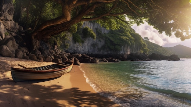 Un barco en la playa debajo de un árbol.