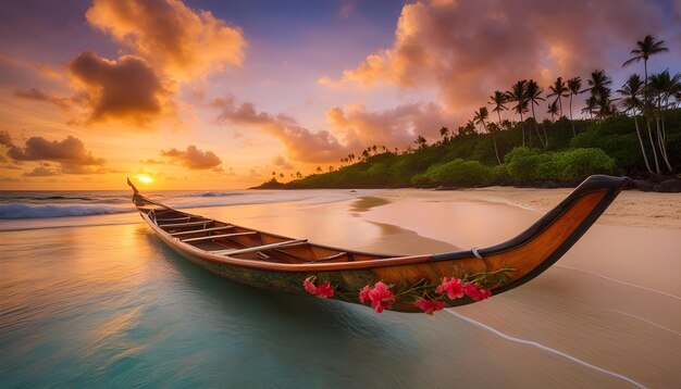 un barco en la playa con una isla tropical en el fondo