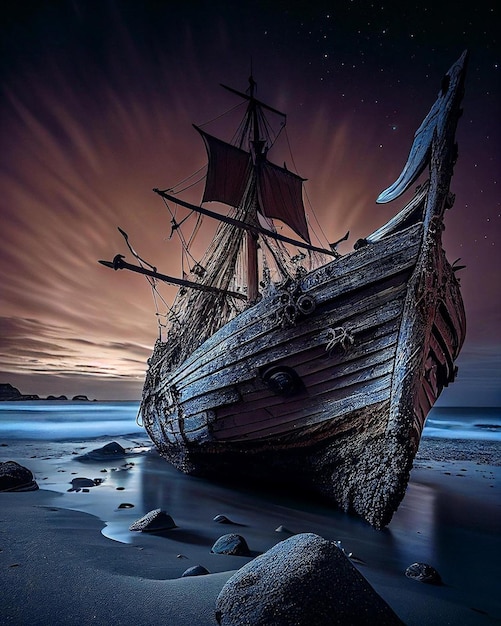 Un barco en la playa con la luna detrás