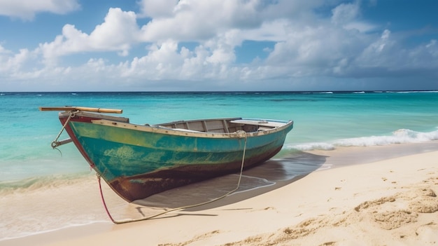 Un barco en la playa con el mar de fondo