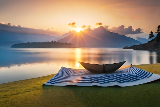 Un barco en una playa con montañas al fondo.