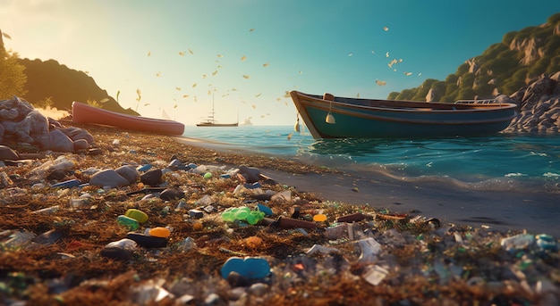 Un barco en una playa con mucha contaminación plástica