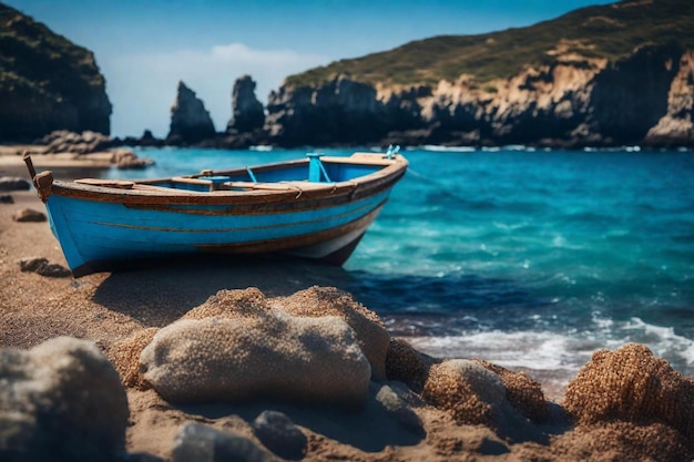 Foto un barco está en la playa y el océano es azul