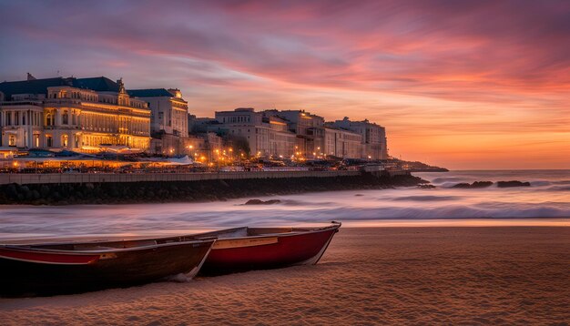 Foto un barco está en la playa y el océano está en el fondo