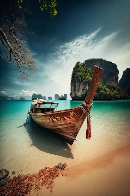 Un barco en una playa con la palabra tailandia