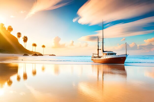 Un barco en una playa con palmeras al fondo.