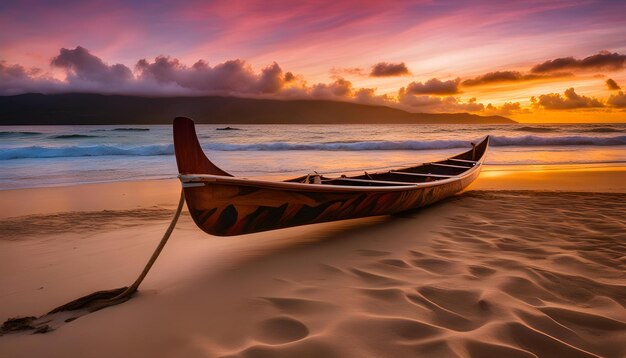 un barco en la playa con una puesta de sol en el fondo