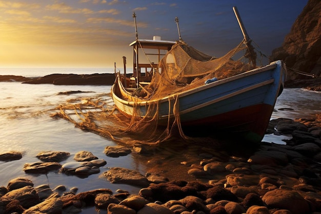 un barco en la playa con una red en primer plano.