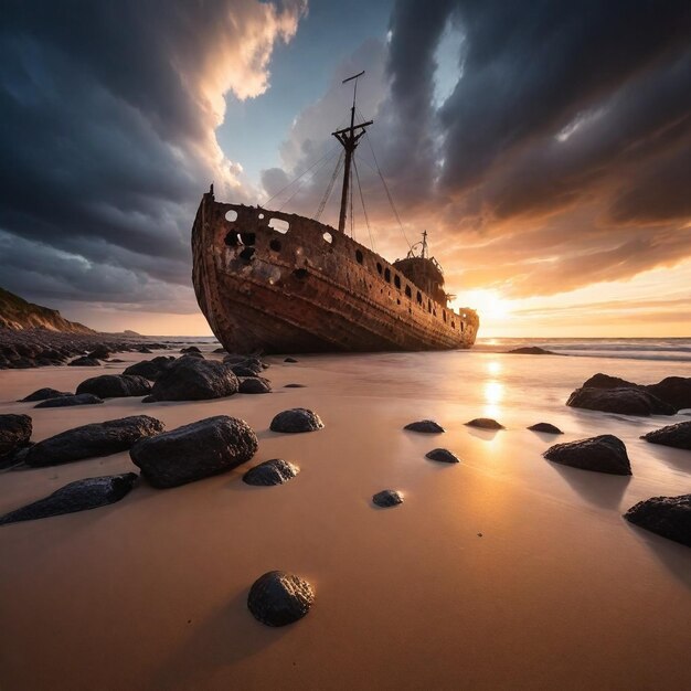 un barco en la playa con rocas y cielo en el fondo