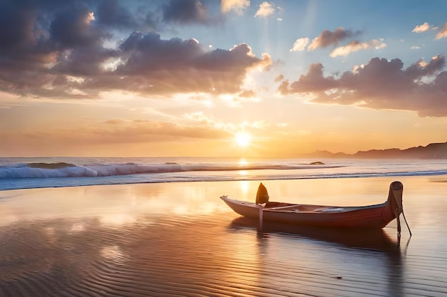 Un barco en una playa con el sol poniéndose detrás