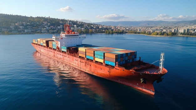 barco portacontenedores crucero en el mar vista aérea tarde agua clara