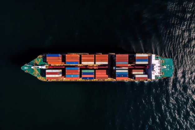 Un barco portacontenedores flota en el agua y la palabra envío está a un lado.