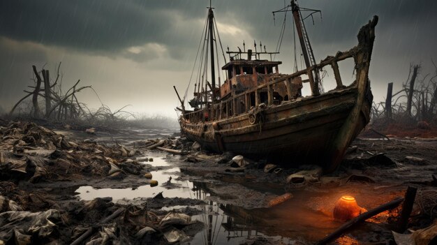 Un barco post-apocalíptico en ruinas Una representación fotorrealista