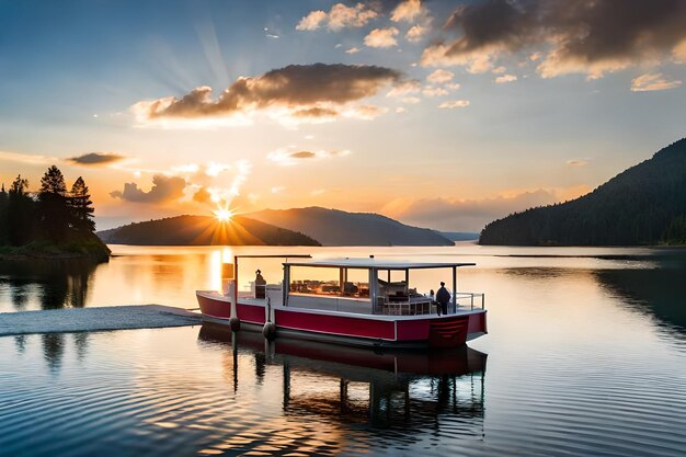 Un barco con una puesta de sol en el agua