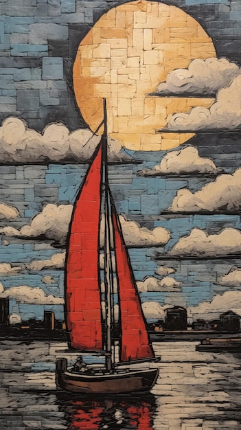 Barco en la puesta del sol Hermosa imagen de ilustración AI generativa