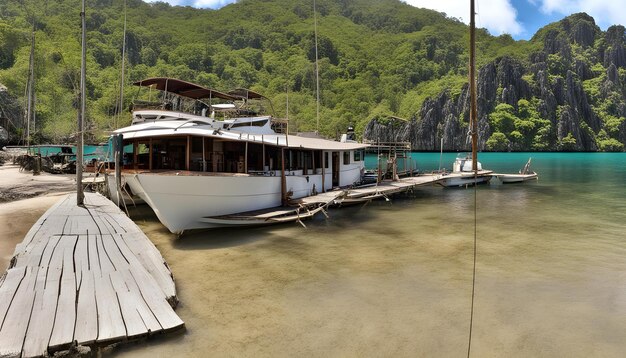 Foto un barco que está en el agua con un barco verde en el fondo