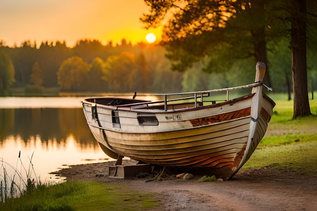 Un barco que dice "viejo" se encuentra en la orilla de un lago.