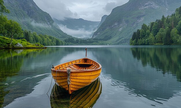 un barco que está sentado en el agua con una montaña en el fondo
