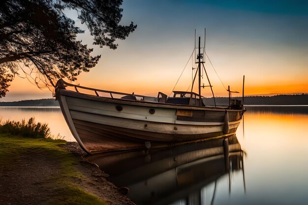 un barco que está sentado en el agua con una puesta de sol detrás de él