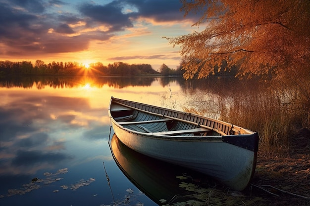 un barco que está sentado en el agua con el sol poniéndose detrás de él