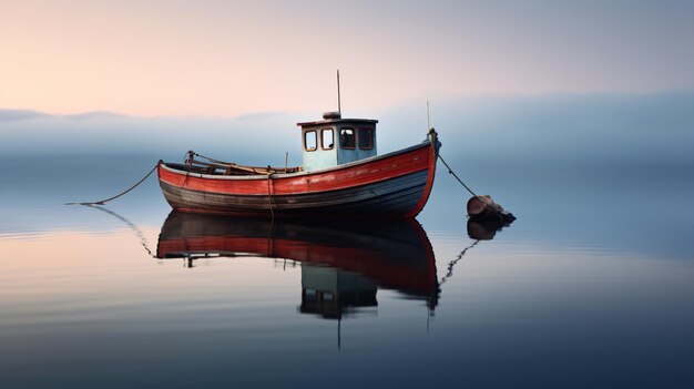 Foto un barco con reflejos sutiles está amarrando faed