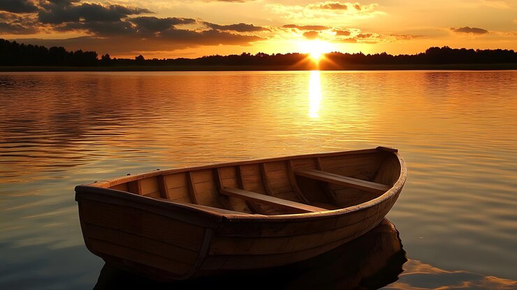Barco de remos de madera amarrado en un lago al atardecer