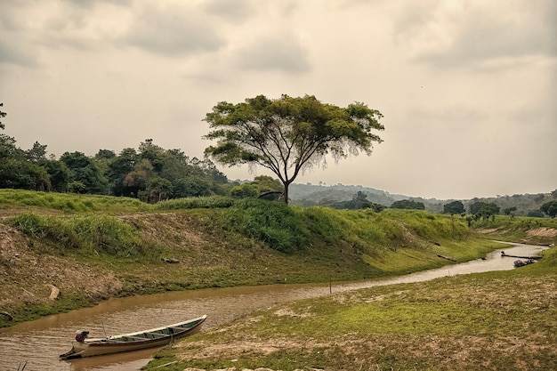 Barco en el río amazonas en boca de valeria brasil Flujo del río amazonas en el paisaje tropical en el cielo nublado de brasil Brasil naturaleza y vida salvaje Transporte acuático y viajes en el río amazonas en brasil