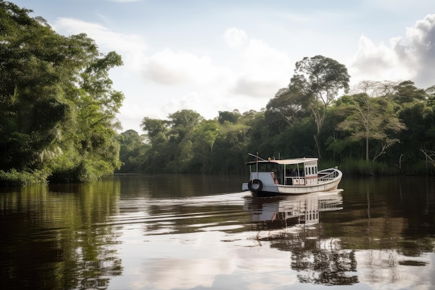 Barco en el río amazonas con dosel de árboles en el fondo