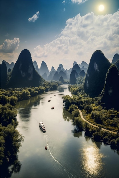 Un barco en el río está pasando por las montañas.