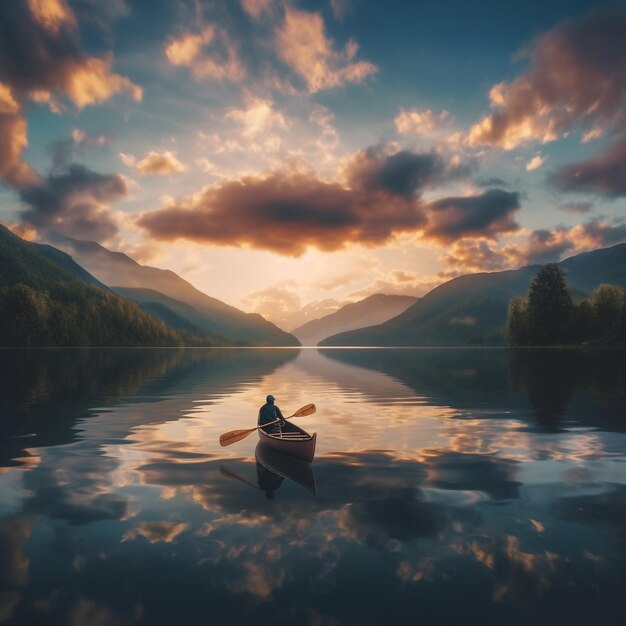 Barco en el río con el fondo del amanecer