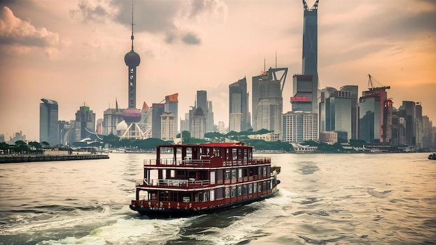 Barco en el río Huangpu con arquitectura urbana de Shanghái y grúa de carga