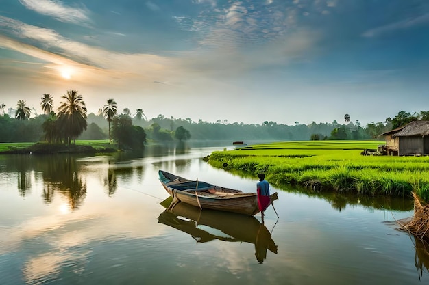 un barco en el río por la mañana