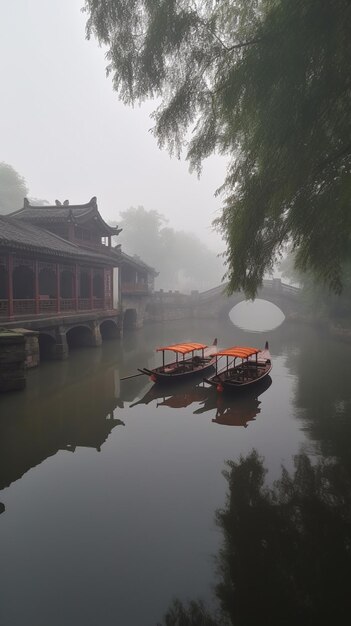 Un barco en un río con un puente al fondo.