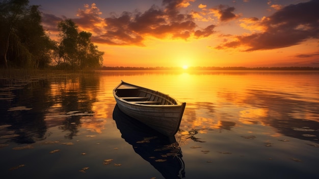 Un barco en el río con puesta de sol.